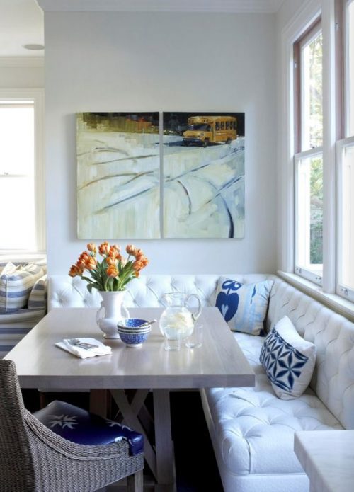 Cozy dining nook with custom upholstered seating.